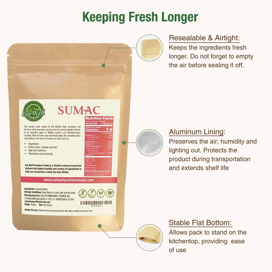 Eat Well Premium Foods Sumac Spice Powder 8 oz Ground Sumac Berries in Resealable Pack, 100% Natural Traditional Middle Eastern Spices, Sumac Seasoning with Pure Gourmet Ingredients for Cooking, Tangy and Citrusy
