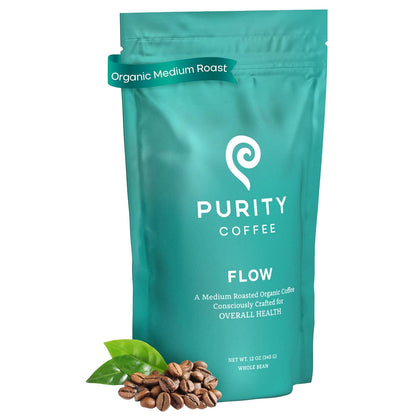Purity Coffee FLOW Medium Roast Organic Coffee - USDA Certified Organic Specialty Grade Arabica Whole Bean Coffee - Third Party Tested for Mold, Mycotoxins and Pesticides - 12 oz Bag