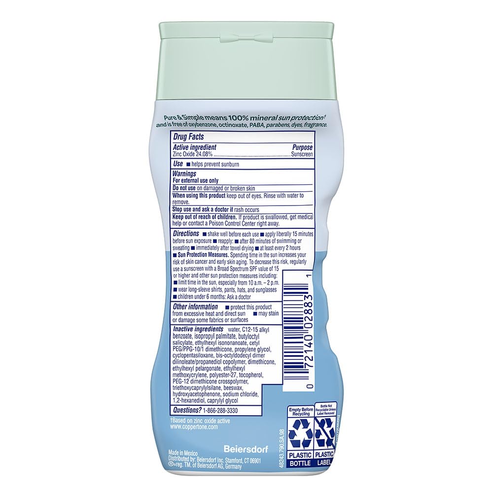 Coppertone Pure and Simple Zinc Oxide Mineral Sunscreen Lotion SPF 50, Water Resistant Sunscreen for Sensitive Skin, Hypoallergenic and Fragrance Free, 6 Fl Oz Bottle