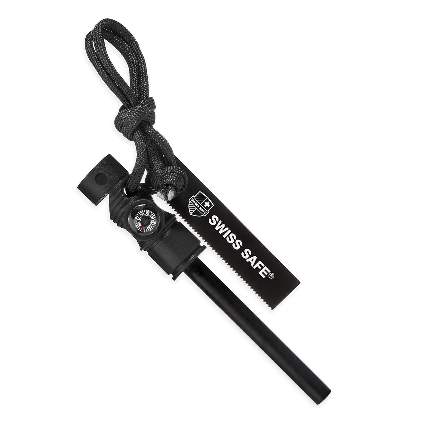 Swiss Safe 5-in-1 Magnesium Ferro Rod Fire Starter Survival Tool - Flint & Steel Striker, Compass, Paracord & Whistle - Emergency Kit for Backpacking, Camping, Hiking - All-Weather - Black, 1-Pack
