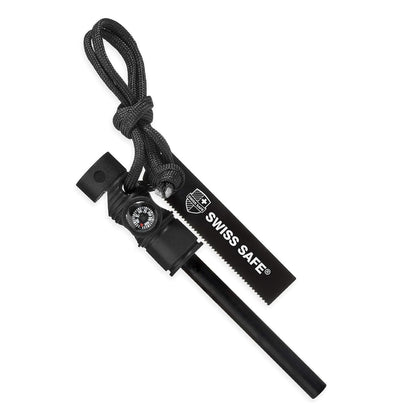 Swiss Safe 5-in-1 Magnesium Ferro Rod Fire Starter Survival Tool - Flint & Steel Striker, Compass, Paracord & Whistle - Emergency Kit for Backpacking, Camping, Hiking - All-Weather - Black, 1-Pack