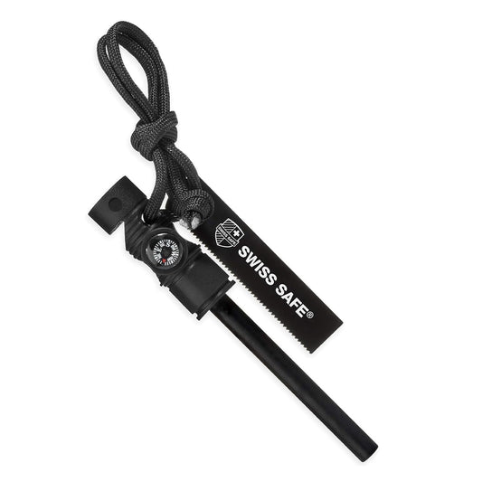Swiss Safe 5-in-1 Magnesium Ferro Rod Fire Starter Survival Tool - Flint & Steel Striker, Compass, Paracord & Whistle - Emergency Kit for Backpacking, Camping, Hiking - All-Weather - Black, 1-Pack