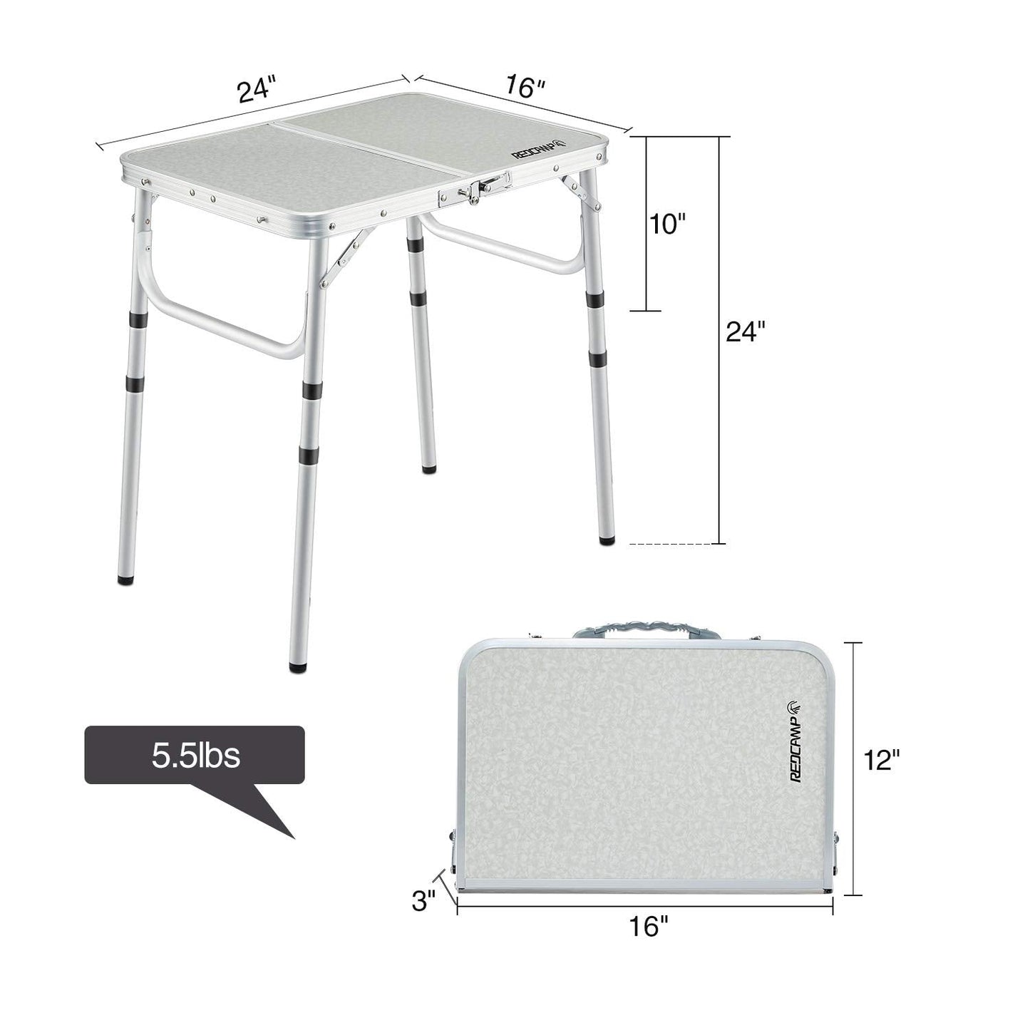 REDCAMP Small Folding Camping Table 2ft, 3 Heights Portable Outdoor Folding Table Aluminum Camp Table Adjustable Height Lightweight for Picnic Cooking Beach