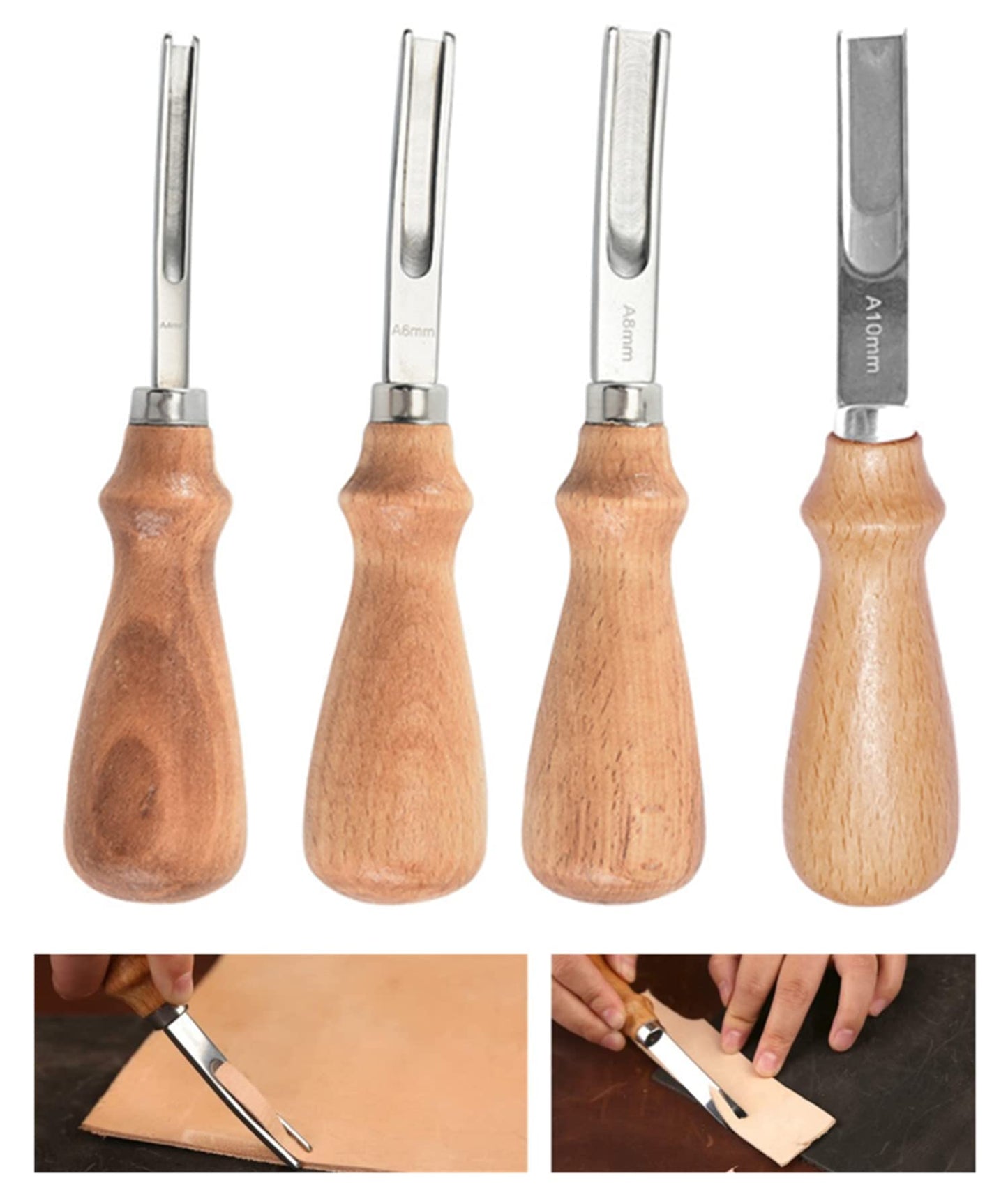 XILEWHZF Leather Edge Skiving Beveler Tool Set,French Beveler,Wide Mouth Leathercraft Edge Skiving Beveler Leather Edge Trimmer with Wooden Handle Four Sizes(4mm,6mm,8mm and 10mm)
