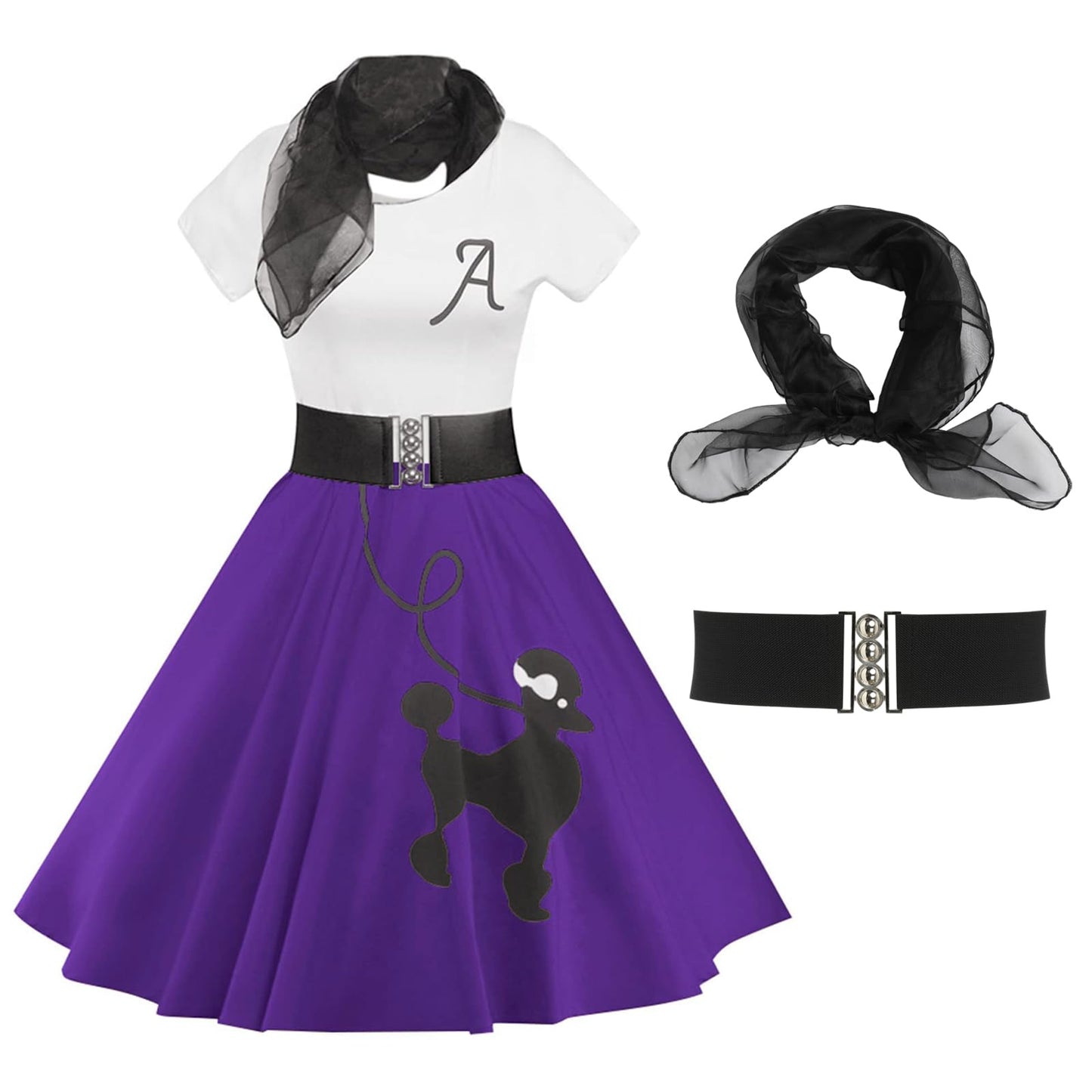 ZEZCLO Women's Retro Poodle Print Skater Dress Vintage High Waist Rockabilly Swing Tee Cocktail Party Dresses Deep Purple XL