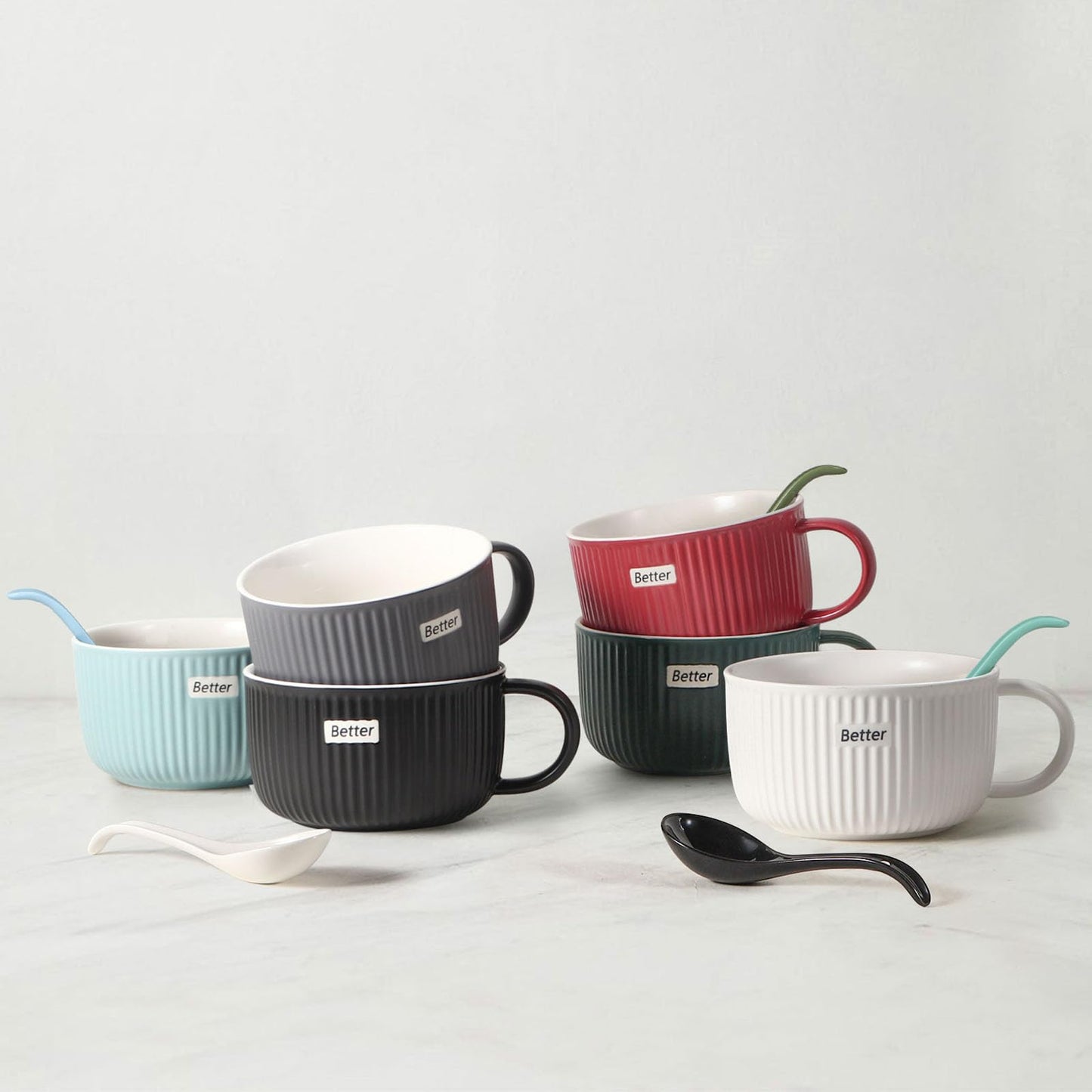 Artena Bright White 6.75 inch Asian Soup Spoons Set of 6, Ultra-fine Porcelain Tablespoon, Chinese/Japanese Kitchen Soup Spoons for Cereal, Ramen Pho - Deep Oval Hook Design