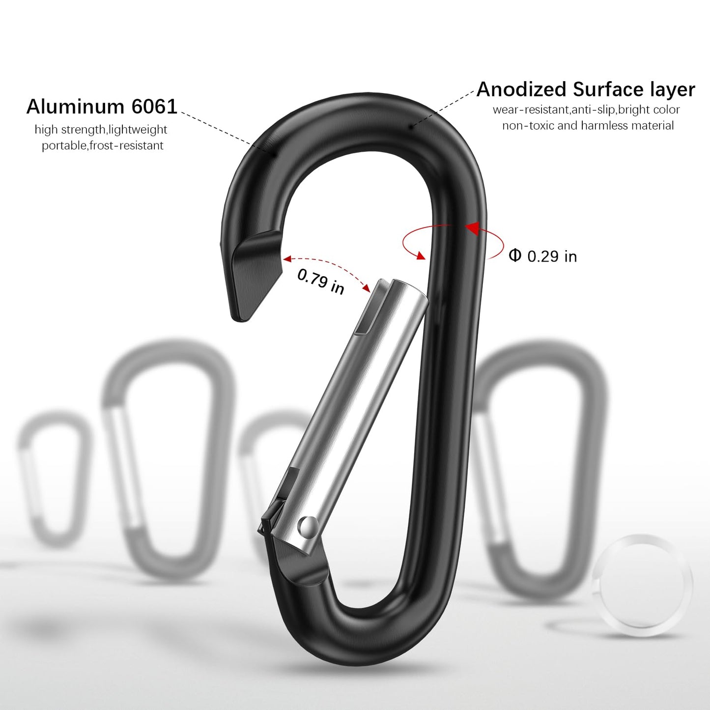 Sprookber 3" Aluminum Carabiner D Ring, Caribeener Clips, Spring Snap Hook for Keychain Clip, Set of 10 (Black)