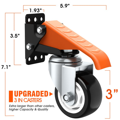 Ronlap Workbench Casters Kit 880 Lbs Capacity, 3" Extra Heavy Duty Retractable Casters 4 Pack, Side Mounted Adjustable Table Stepdown Casters