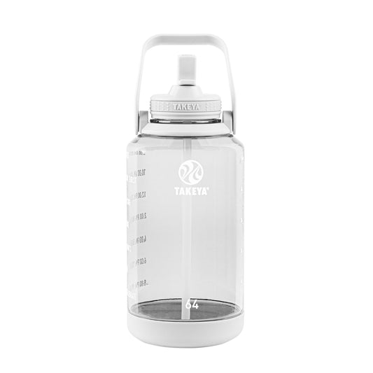 Takeya Tritan 64 oz Motivational Water Bottle with Straw Lid - Durable, BPA-Free - With Time Marker - Leakproof & Non-Slip Bumper - Cloud White