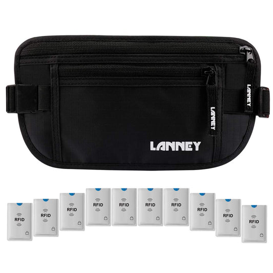 Travel Money Belt RFID Blocking Waist Wallet Waterproof Hidden Stash for Men Women, Under Clothes Passport Holder with 10 Credit Card Sleeves, Black