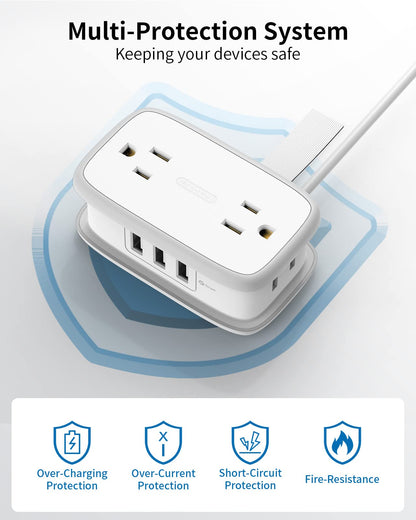 Travel Power Strip with USB 2 Pack, NTONPOWER 4 Outlets and 3 USB with 4Ft Short Extension Cord, Small Portable Desktop Charging Station for Cruise Ship, Home Office, White