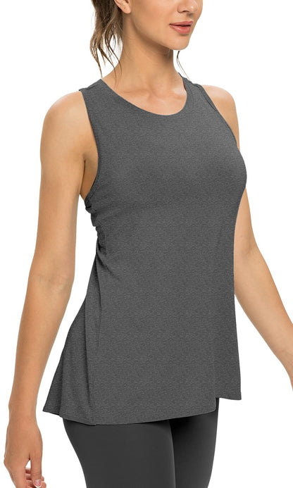 Sanutch Open Back Workout Tops for Women Athletic Running Shirts Tie Back Workout Tank Heather Gray XL