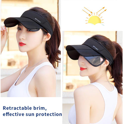 Summer Sun Visor Hat - Women Adjustable Golf Cap with Retractable Brim, UV Protection Beach/Tennis Sport Hat (Black)