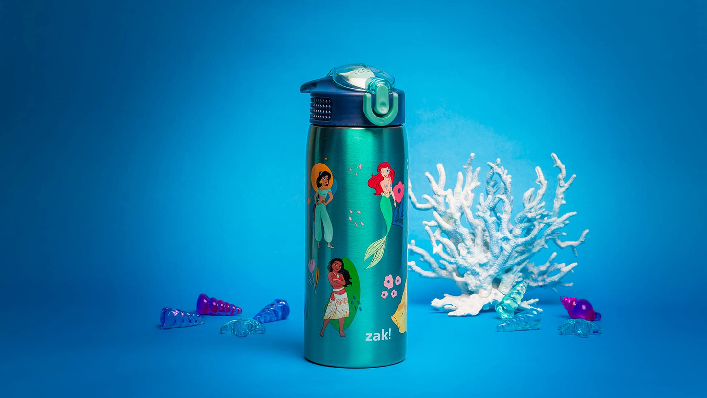 Zak Designs Disney Princess Water Bottle for Travel and At Home, 19 oz Vacuum Insulated Stainless Steel with Locking Spout Cover, Built-In Carrying Loop, Leak-Proof Design (Disney Princess)
