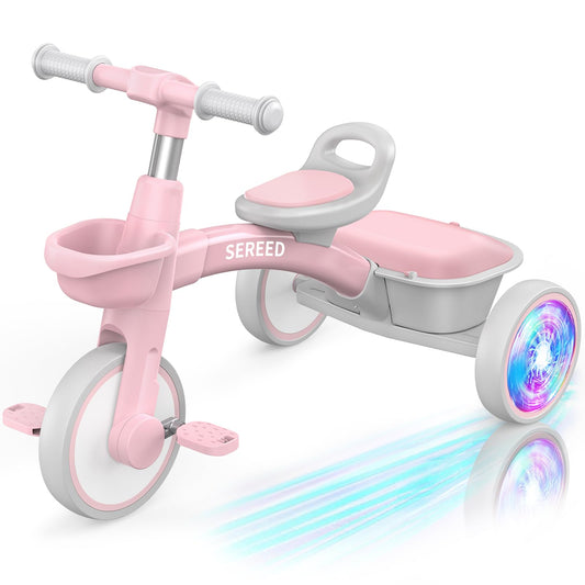 SEREED Colorful Lighting Toddler Tricycle for 2-5 Years Old Girls, Adjustable Seat&Handlebar Trike, Removable Basket, Birthday Gift Idea for Kids Ages 2+ (Pink)