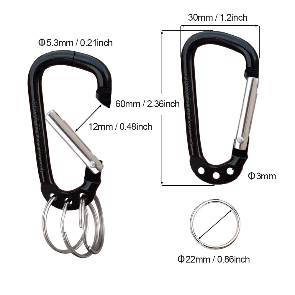 VictorsHome Carabiner Clip Keychain Aluminum Alloy D Shape Multifunction Clip Hook with 3 Key Rings for Outdoor Backpack Multi-Color 6 Pack