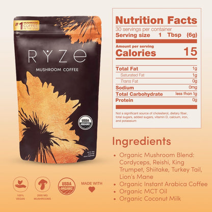 RYZE SUPERFOODS Mushroom Coffee USDA Organic with 6 Adaptogenic Mushrooms and MCT Oil, USA Grown Instant Coffee for Better Energy, Focus, Digestion, Immunity with Lions Mane & Turkey Tail, 30 servings