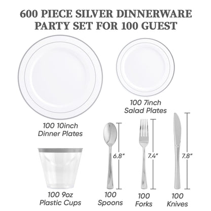 FOCUSLINE 600 Ct Silver Dinnerware Set for 100 Guests - Silver Rimmed Disposable Plastic Plates, Includes 100 Dinner & Salad Plates, Cups, Cutlery Set for Wedding Parties
