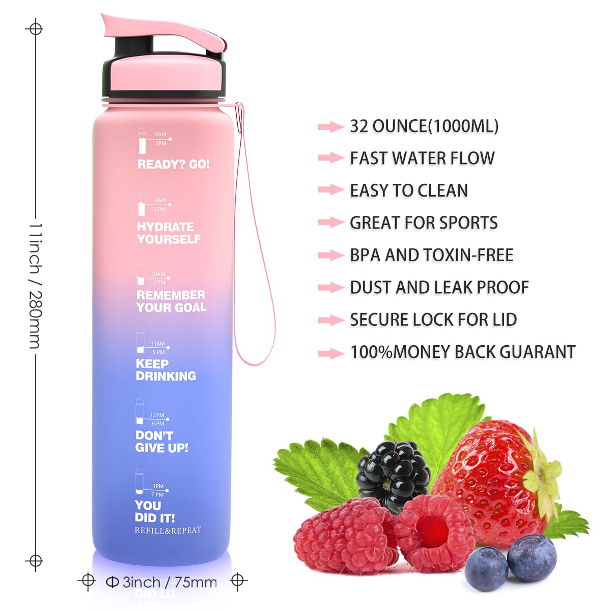 ZORRI 32 OZ Water Bottles, BPA Free Leak Proof Motivational Times Tracking Sports Bottle, Reusable Tritan Plastic Water Jug for Sports & Outdoors, Gym, Yoga, Workout, School, Office