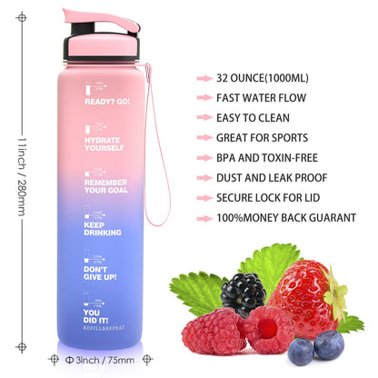 ZORRI 32 OZ Water Bottles, BPA Free Leak Proof Motivational Times Tracking Sports Bottle, Reusable Tritan Plastic Water Jug for Sports & Outdoors, Gym, Yoga, Workout, School, Office
