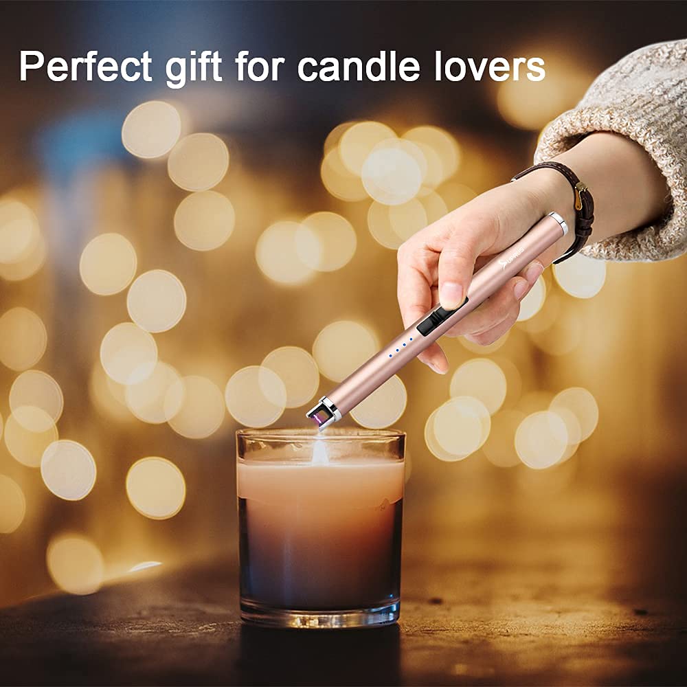 SUPRUS Electric Lighter Candle Type C Rechargeable Lighter with Upgraded LED Battery Display Safety Switch Flameless Plasma Windproof for Candle Cooking BBQs Fireworks (Champagne Gold)