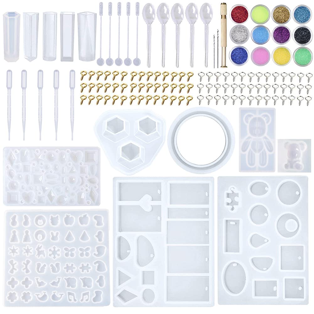 EuTengHao 229Pcs DIY Jewelry Casting Molds Tools Set More Than 120 Designs Contains 8 Silicone Jewelry Resin with 70 Designs,1 Earring Molds with 25 Designs,2 Necklace Bear Molds,3 Diamonds Mold