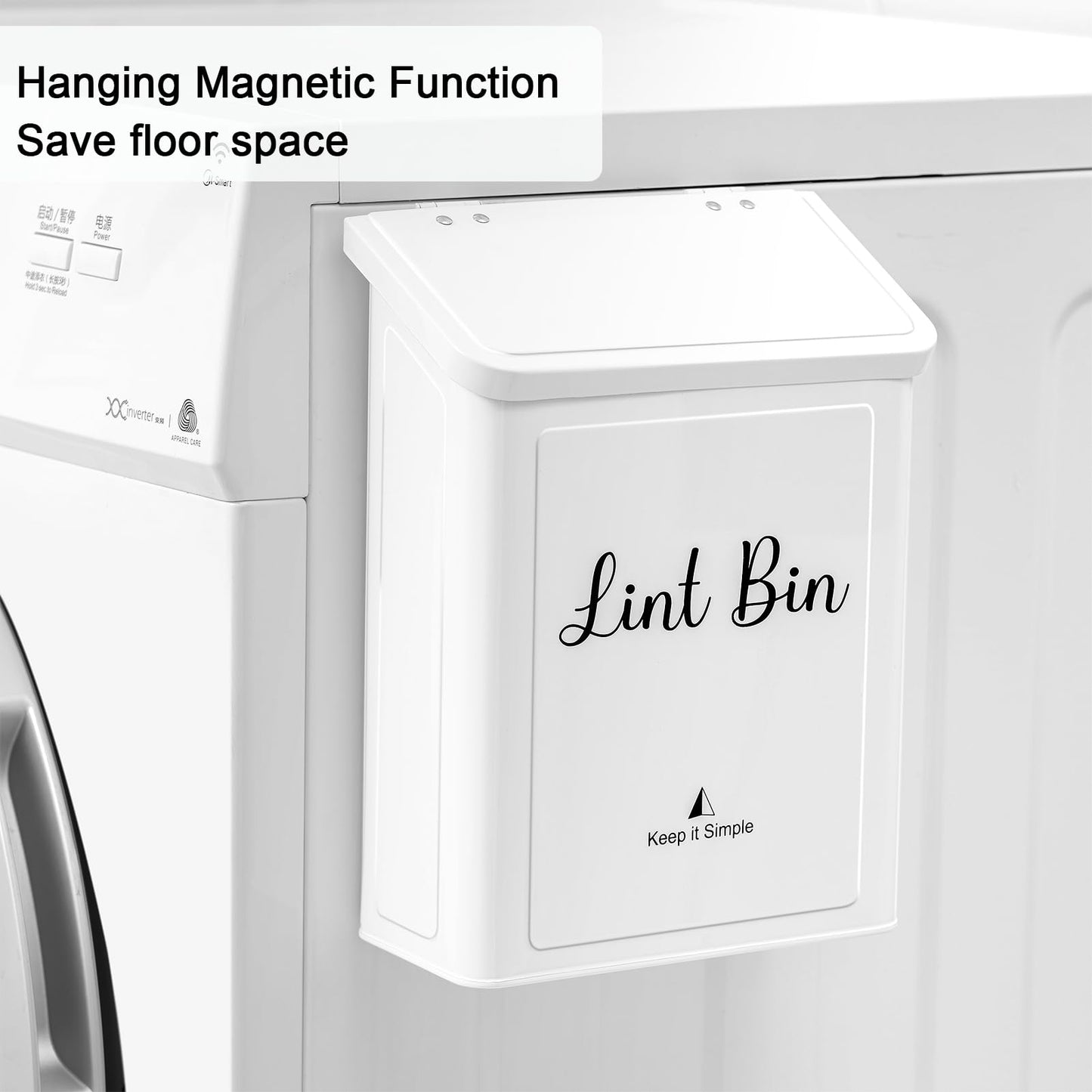 SUBEKYU Magnetic Lint Bin for Laundry Room, Wall Mounted Metal Lint Box Holder Trash Can with Lid for Dryer,Lint Basket for Laundry Room Organization,White