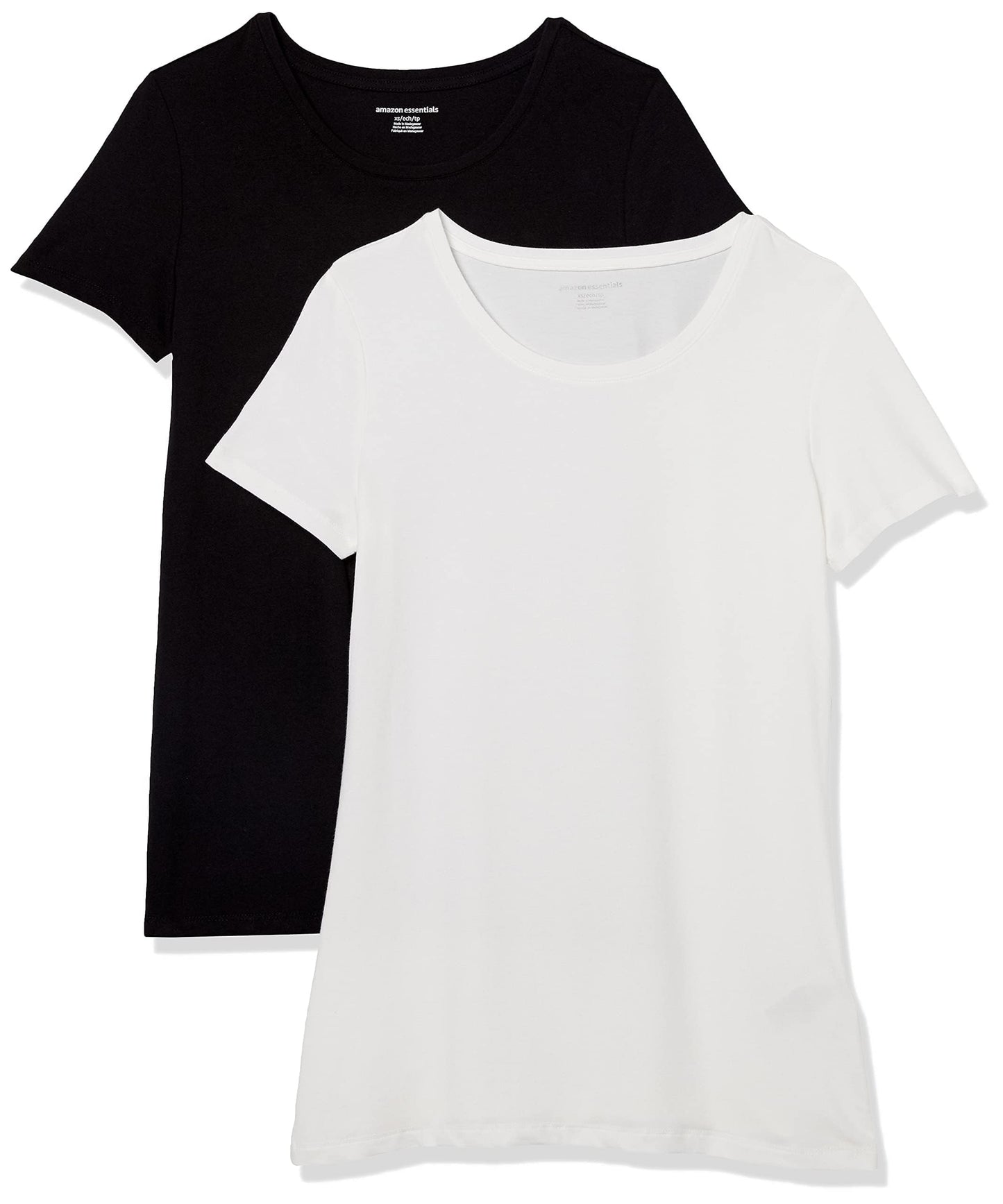 Amazon Essentials Women's Regular-Fit Short-Sleeve Crewneck T-Shirt, Pack of 2, Black/White, X-Small