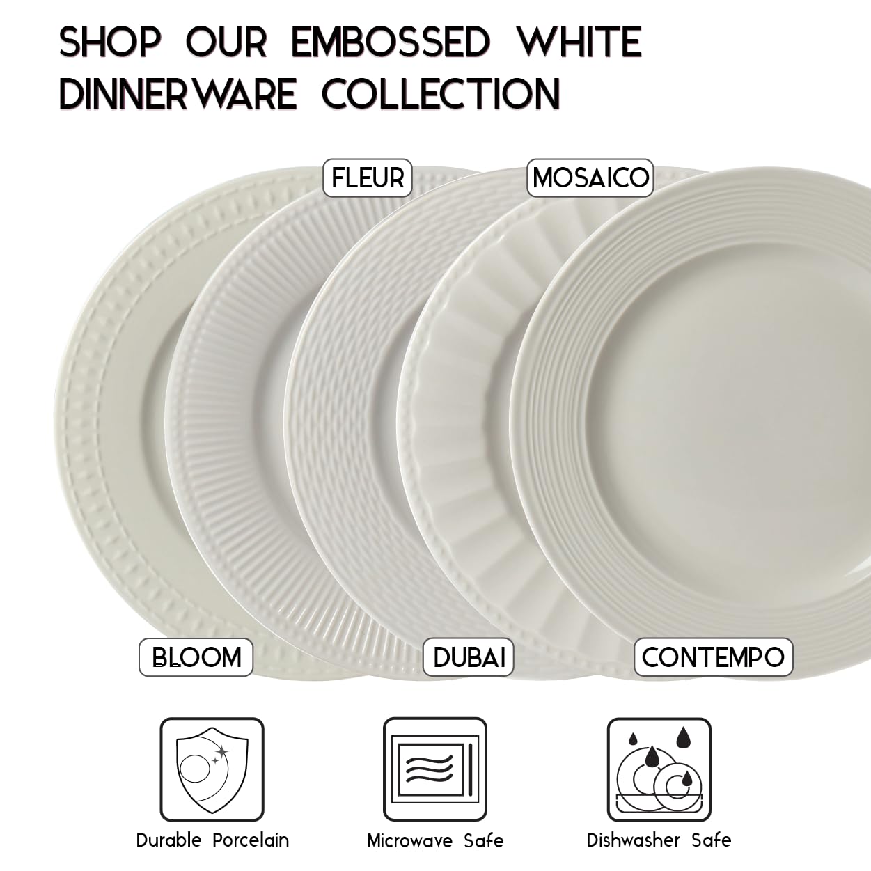 Tabletops Gallery Embossed Bone White Porcelain Round Dinnerware Collection- Chip Resistant Scratch Resistant, Fleur 12 Piece Dinnerware Set (Dinner Plate, Salad Plate, Cereal Bowl)