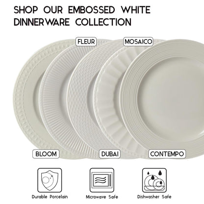 Tabletops Gallery Embossed Bone White Porcelain Round Dinnerware Collection- Chip Resistant Scratch Resistant, Fleur 12 Piece Dinnerware Set (Dinner Plate, Salad Plate, Cereal Bowl)