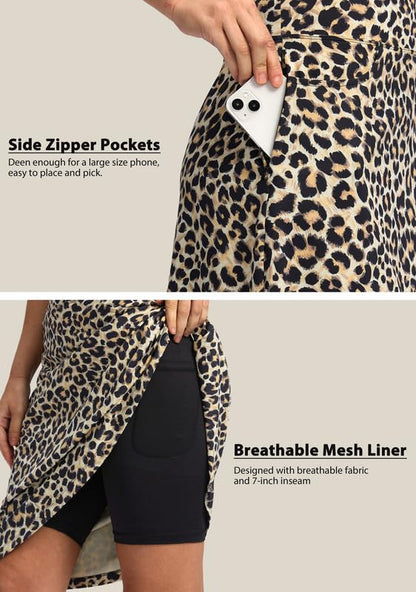 Viodia 25" Knee Length Skorts Skirts for Women with Zipper Pockets Stretchy Modest Aline Midi Skort for Casual Summer Travel Leopard
