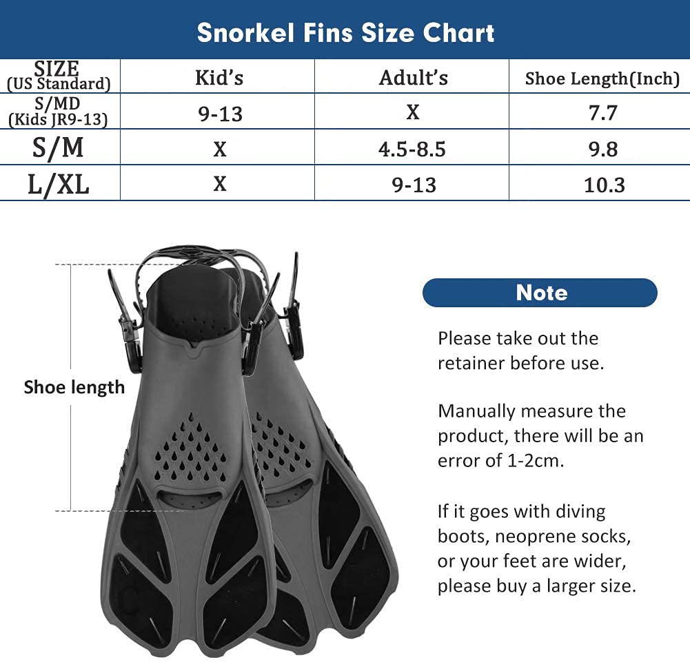 Snorkel Fins, Swim Fins with Adjustable Buckles, Open Heel, Travel Size Short Flippers for Snorkeling, Swimming and Scuba Diving, Light Diving Fins with Mesh Bag for Adult Men Women Kids