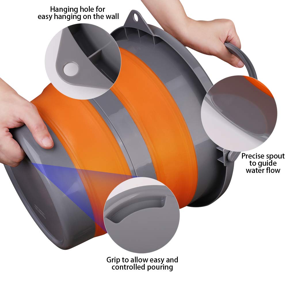 2 Pack Collapsible Plastic Bucket with 2.6 Gallon (10L) Each, Foldable Round Tub for House Cleaning, Space Saving Outdoor Waterpot for Garden or Camping, Portable Fishing Water Pail (Blue & Orange)