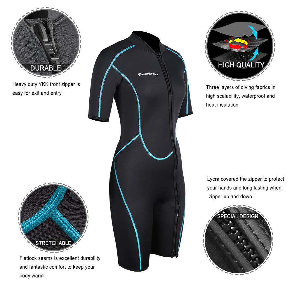 Seaskin Mens 3mm Shorty Wetsuit Womens, Full Body Diving Suit Front Zip Wetsuit for Diving Snorkeling Surfing Swimming Medium