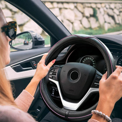 Rueesh Microfiber Leather Steering Wheel Cover Anti-Slip Matte Finish Auto Car Wheel Cover Universal 15 Inch Wheel Cover for Car Embossing Pattern (Pink Line)