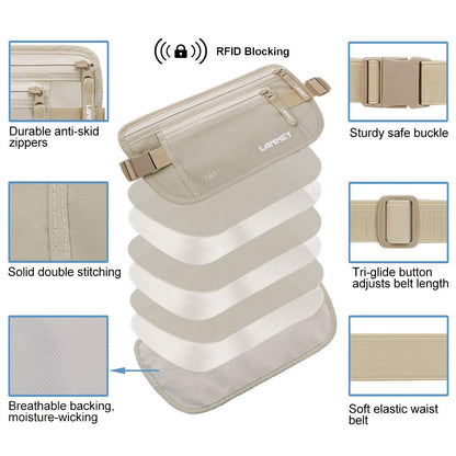 Travel Money Belt for Men Women RFID Blocking Concealed Waist Wallet Pouch Hidden Under Clothes Passport Holder Antitheft Waist Stash Bag for Travelling, Bonus 10 Credit Card Sleeves, Cream