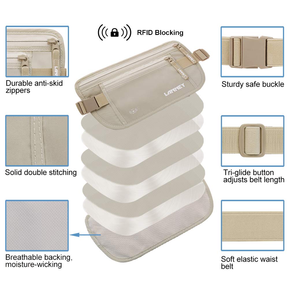Travel Money Belt Hidden Waist Stash Wallet RFID Blocking Anti-Theft Passport Holder for Men Women, Cream
