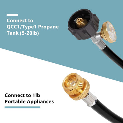 SHINESTAR 12 Feet Propane Hose Adapter with Gauge, Fit for Mr. Heater Buddy Heater, Blackstone Tabletop Griddle, Portable Propane Camping Stove and More, Connects to 5-20 lb Propane Tank