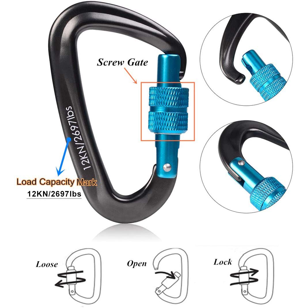 STURME Carabiner Clip 12KN Aluminium Wiregate Lightweight Heavy Duty Large Strong Durable D-Ring Hooks Spring Snap Link Keychain Clips Set for Hammock Improved Design for 2024 (Black)