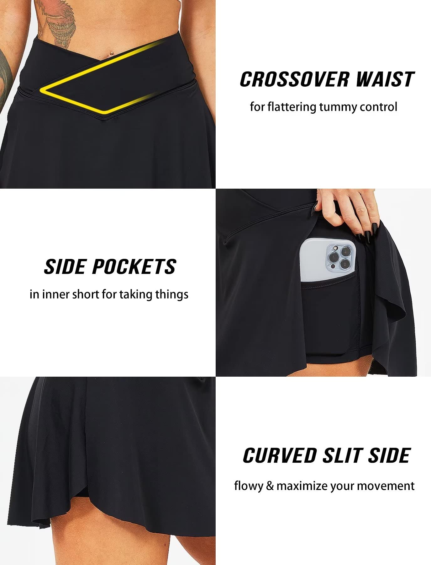 TZLDN Women's Tennis Skirt with Shorts Pockets Crossover High Waisted Workout Athletic Golf Skorts Skirts Black - Large