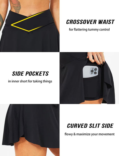 TZLDN Women's Tennis Skirt with Shorts Pockets Crossover High Waisted Workout Athletic Golf Skorts Skirts Black - Large