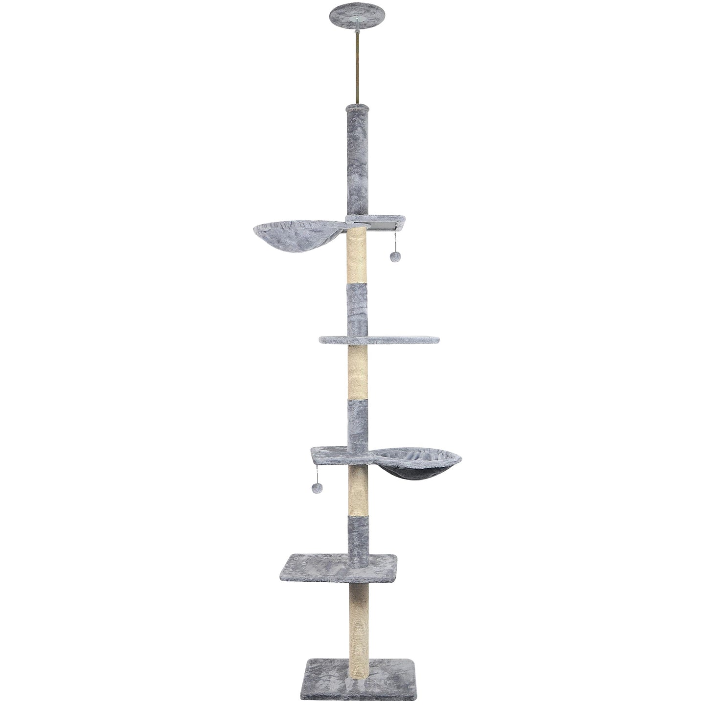 Roypet Adjustable 93"-116" Tall Cat Climbing Tree 5-Tier Kitty Activity Center Floor-to-Ceiling Climber Toy with Hanging Hammock and Scratching Posts Cat Furniture,Grey