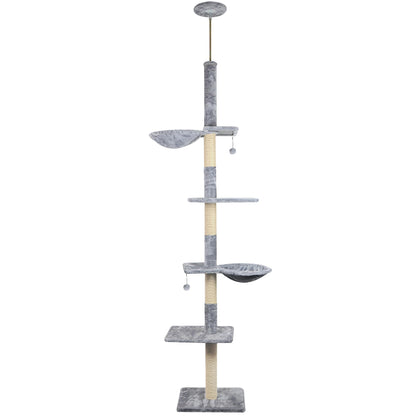 Roypet Adjustable 93"-116" Tall Cat Climbing Tree 5-Tier Kitty Activity Center Floor-to-Ceiling Climber Toy with Hanging Hammock and Scratching Posts Cat Furniture,Grey