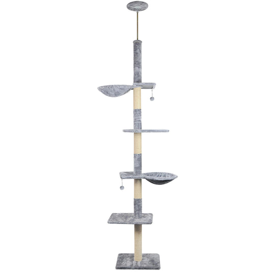 Roypet Adjustable 93"-116" Tall Cat Climbing Tree 5-Tier Kitty Activity Center Floor-to-Ceiling Climber Toy with Hanging Hammock and Scratching Posts Cat Furniture,Grey