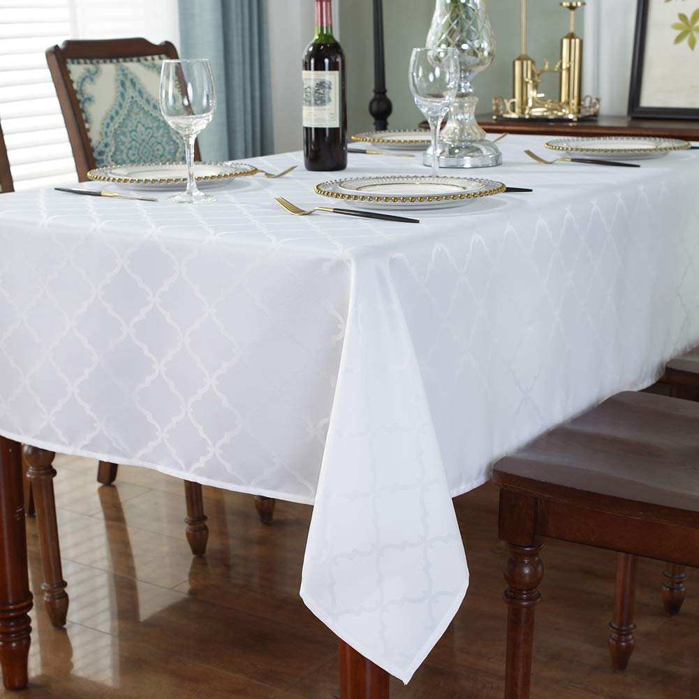 SASTYBALE White Tablecloth Jacquard Floral Polyester Table Cloth Spill-Proof Wrinkle Resistant Table Cover for Kitchen Dining Parties Tabletop(Rectangular/Oblong,60"x120"(10-12 Seats)