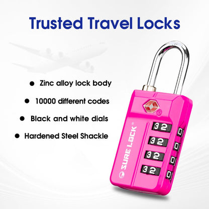 SURE LOCK TSA Approved 4-Digit Resettable Combination Luggage Locks with Open Alert, Easy-Read Dials - for Luggage, School Lockers, Gym, Office, Toolbox & Security Cases (Pink 1 Pack)