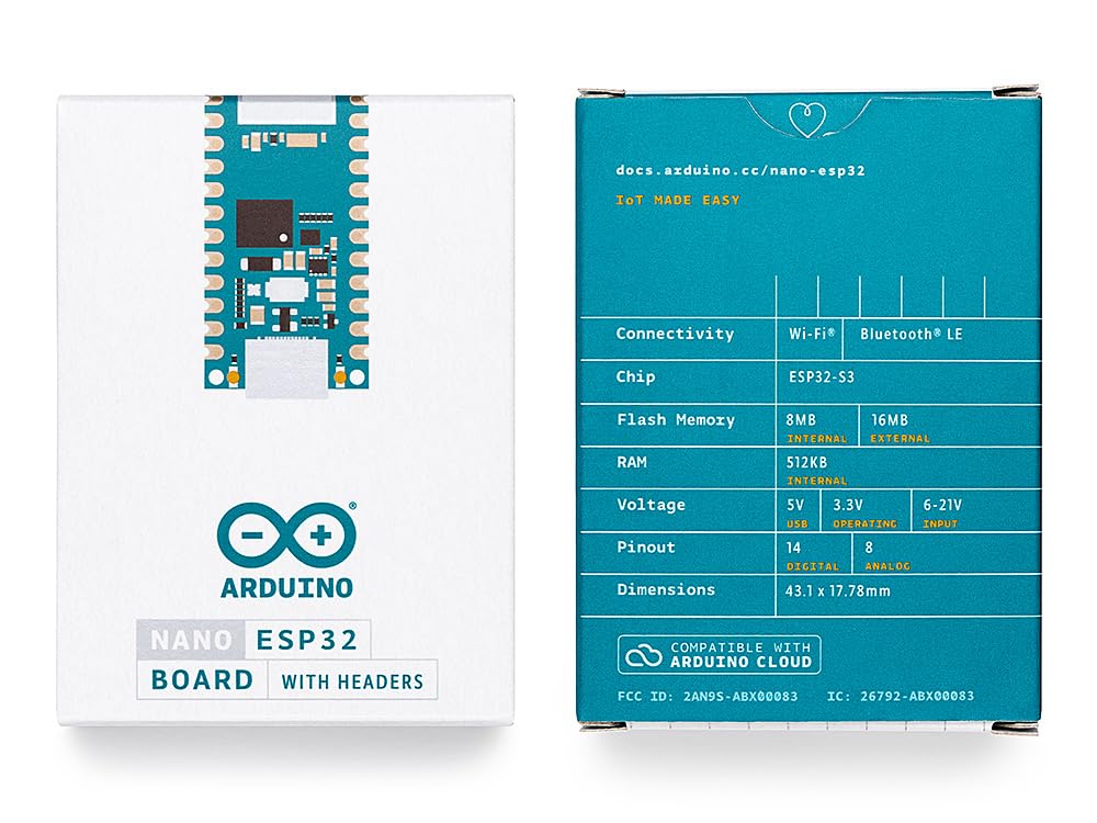 Arduino Nano ESP32 with Headers [ABX00083] – ESP32-S3, USB-C, Wi-Fi, Bluetooth, HID Support, MicroPython Compatible for IoT & Embedded Projects