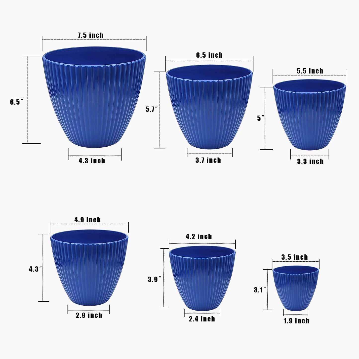 RooTrimmer 7.5/6.5/5.5/4.9/4.2/3.5 Inch Plant Pots with Saucers & Drain Holes - Indoor/Outdoor Flower Pots for Succulents, Herbs, Cactus - Modern Lightweight Durable Planter Set, Blue