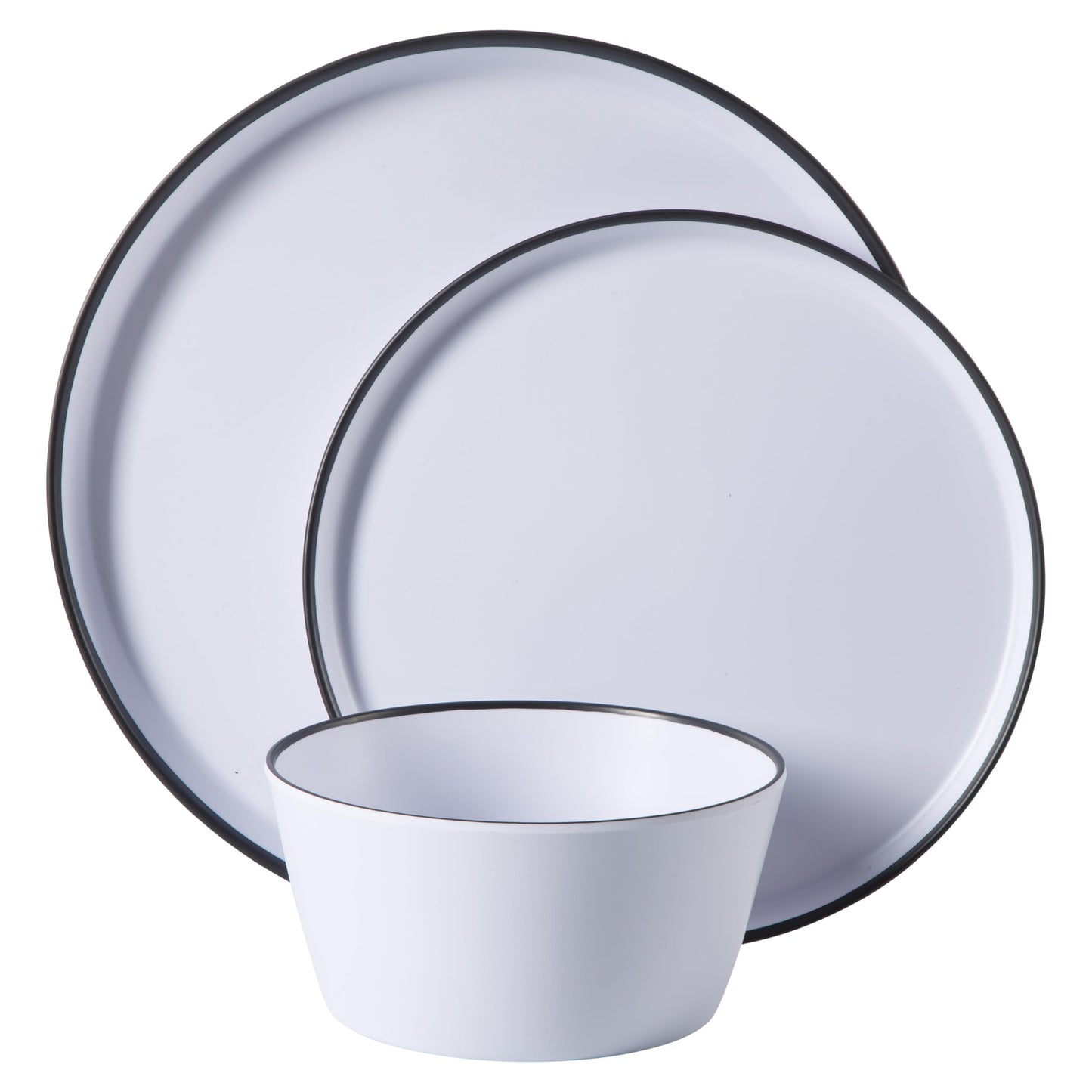 Gibson Home Folsom Shores 12 Piece Unbreakable Modern Melamine Plates and Bowls Dinnerware Set - Outdoor, Camping, & Everyday Use - White W/Black Rim