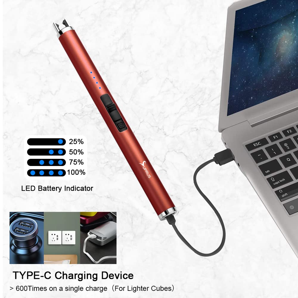 SUPRUS Electric Lighter Candle Type C Rechargeable Lighter with Upgraded LED Battery Display Safety Switch Flameless Plasma Windproof for Candle Cooking BBQs Fireworks (Red)